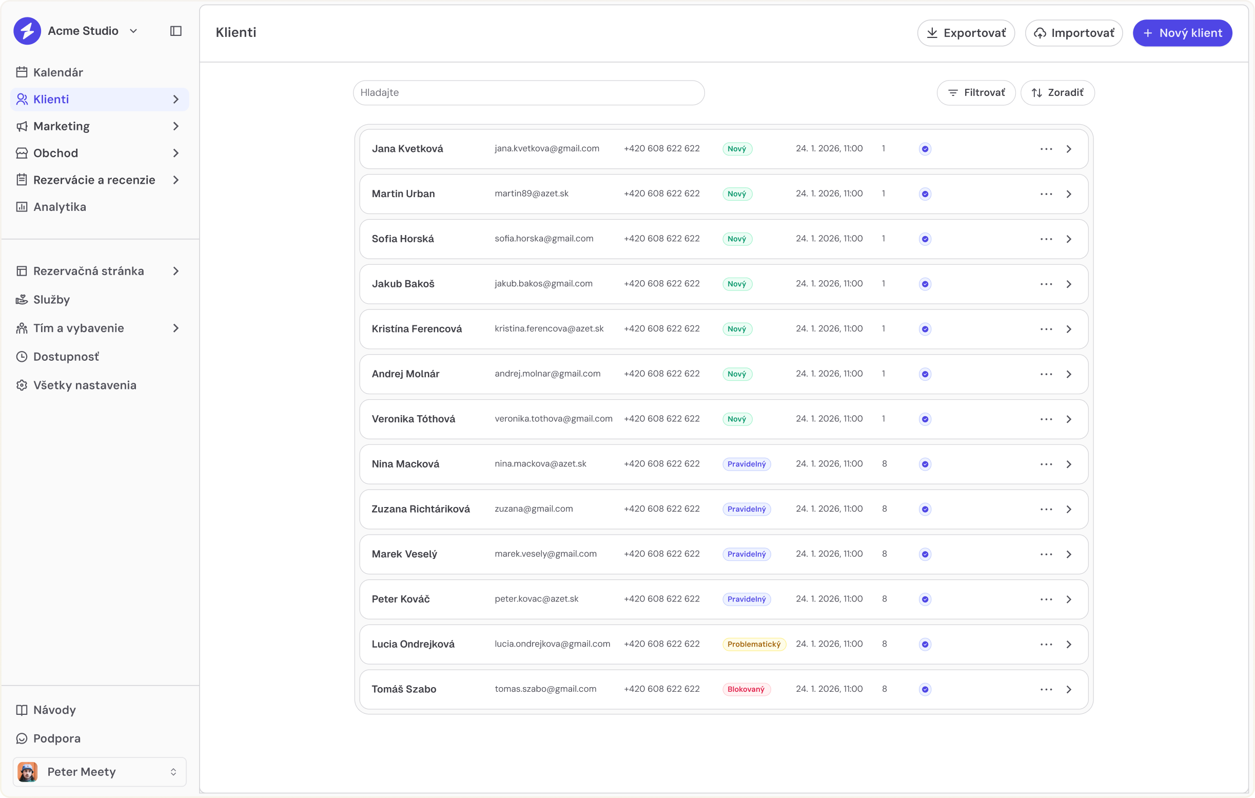 Ukážka kalendára a rezervačnej stránky Meety