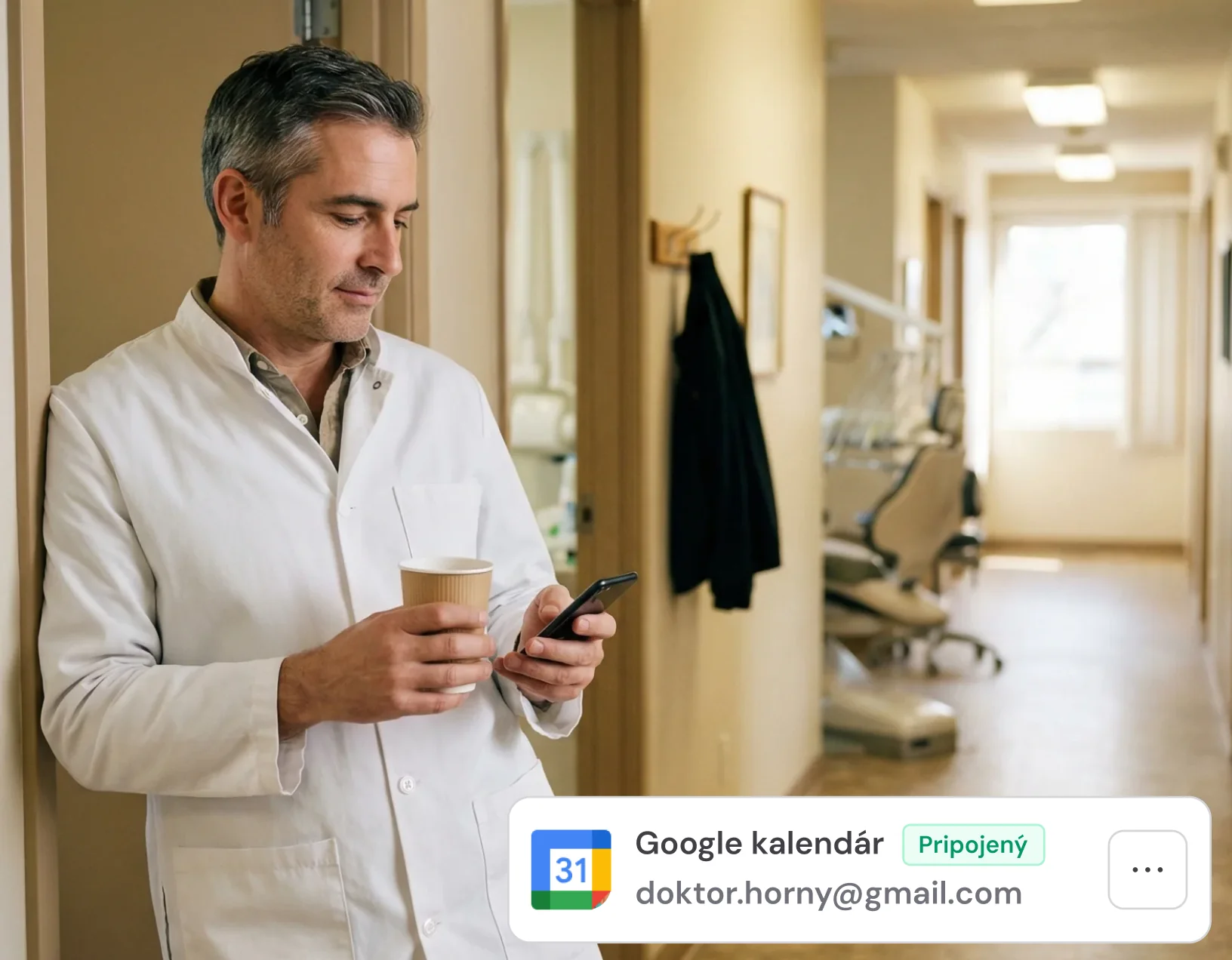 Klientka s mobilom pri sekcii Google kalendár